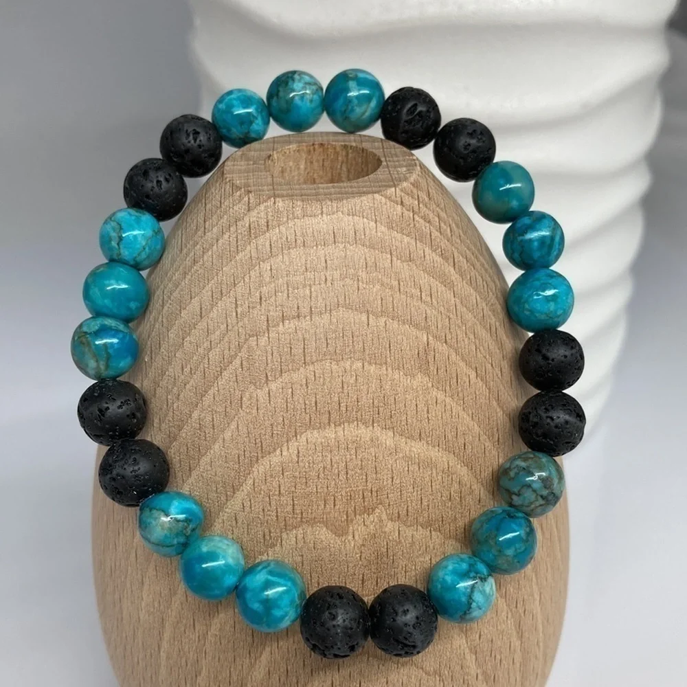Stretch Beaded Bracelet Cyan Blue Turquoise and Lava Stone Beads - Picture 10 of 10